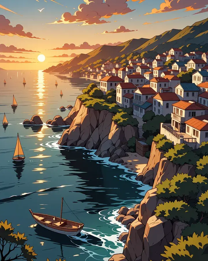 An anime-style drawing of a coastal village, made from a description